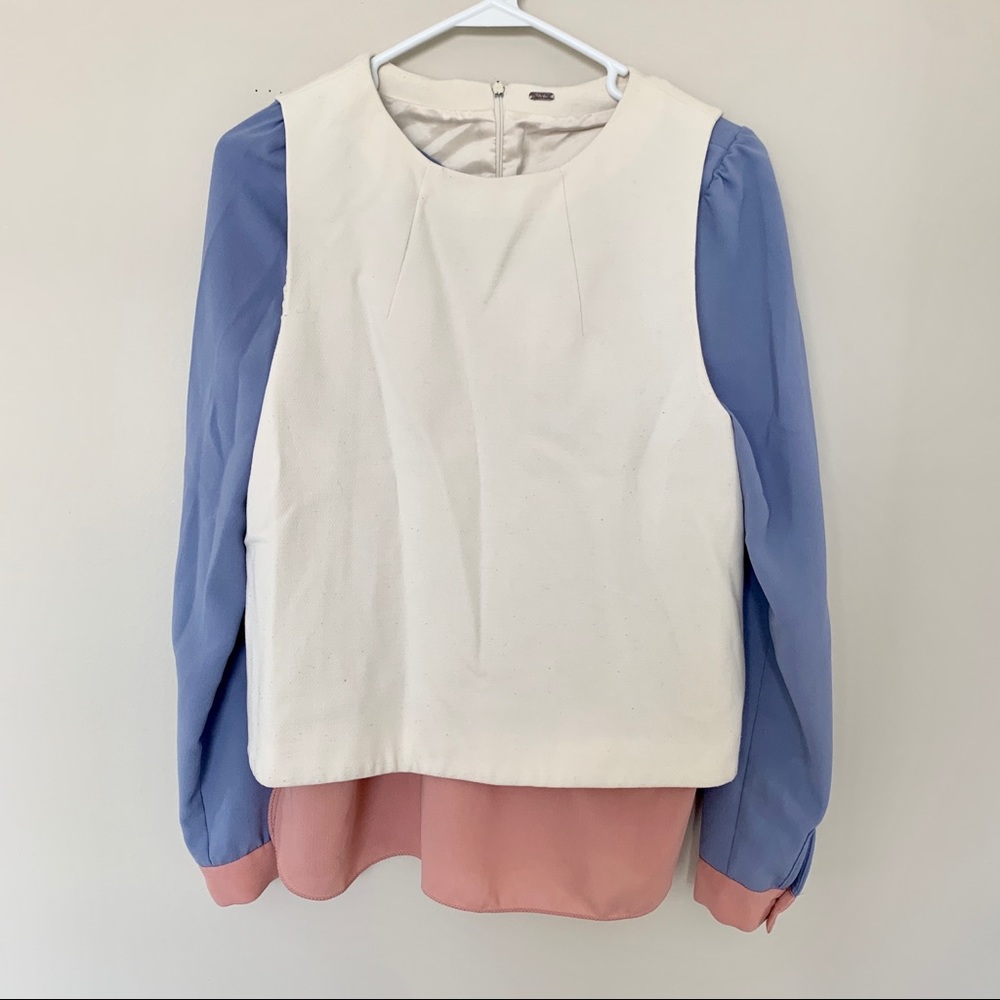 Ochirty Two-Piece Set Blue Pink Blouse Cream Vest | Color Block Layered Top